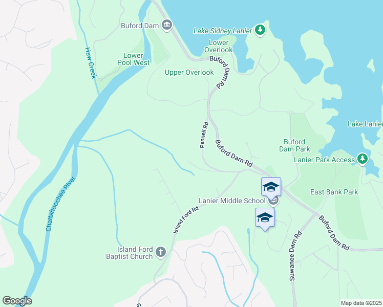 map of restaurants, bars, coffee shops, grocery stores, and more near 6740 Pannell Road in Buford