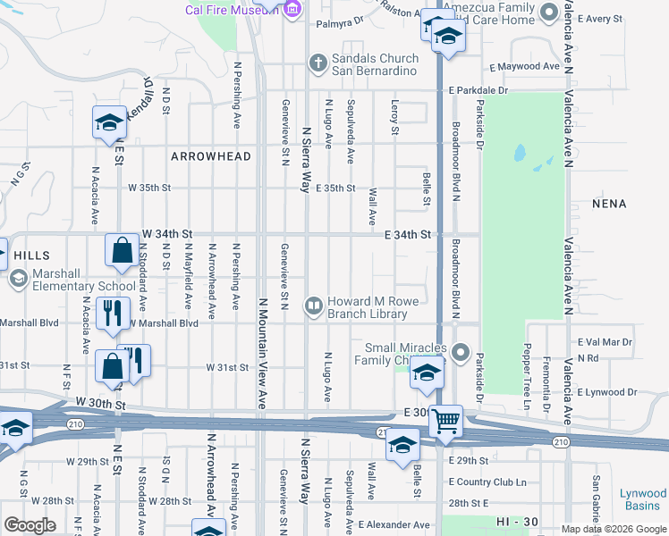 map of restaurants, bars, coffee shops, grocery stores, and more near 3348 Sepulveda Avenue in San Bernardino