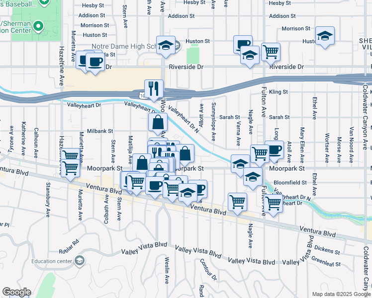 map of restaurants, bars, coffee shops, grocery stores, and more near 4454 Ventura Canyon Avenue in Los Angeles