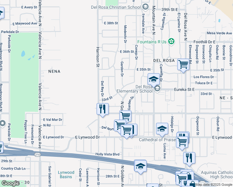 map of restaurants, bars, coffee shops, grocery stores, and more near 1192 33rd Street in San Bernardino