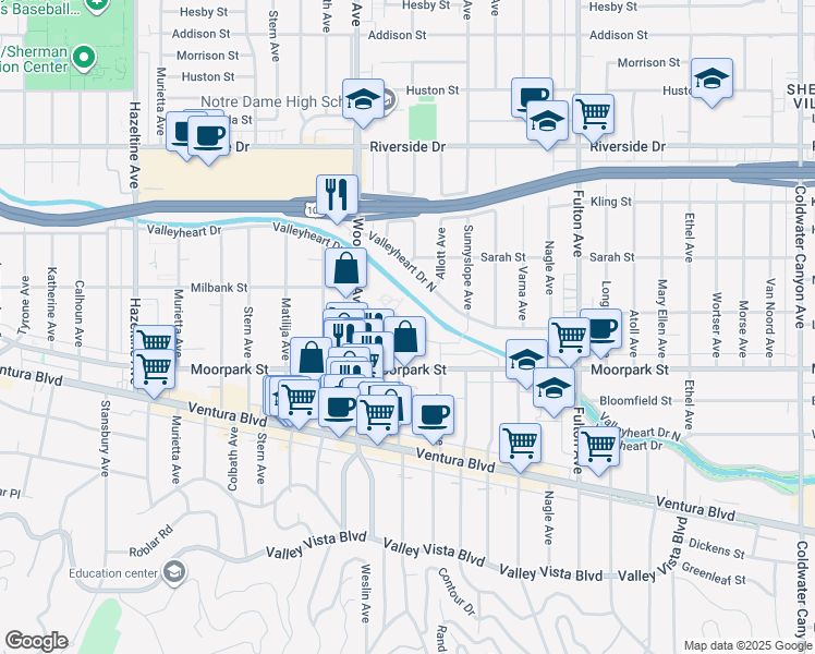 map of restaurants, bars, coffee shops, grocery stores, and more near 4454 Ventura Canyon Avenue in Los Angeles