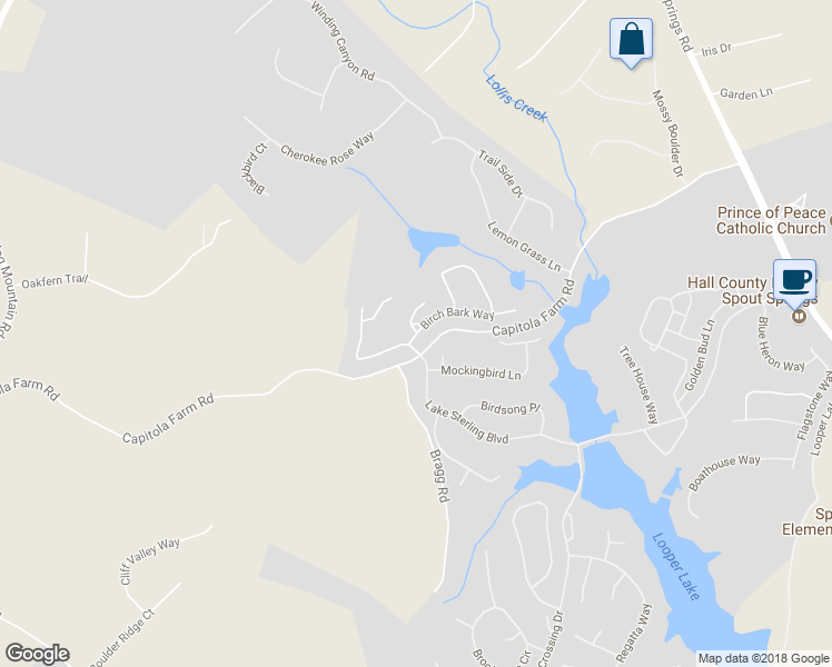 map of restaurants, bars, coffee shops, grocery stores, and more near 6722 Birch Bark Way in Flowery Branch