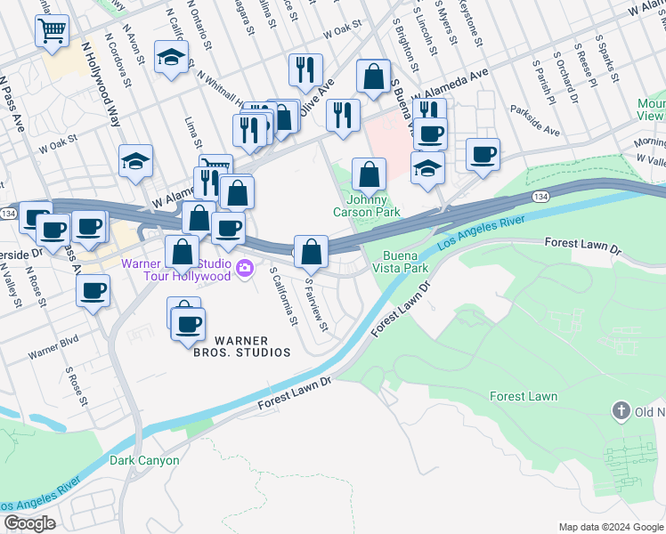 map of restaurants, bars, coffee shops, grocery stores, and more near 3003 West Riverside Drive in Burbank