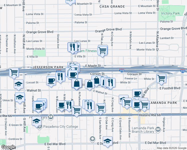 map of restaurants, bars, coffee shops, grocery stores, and more near 1982 Corson Street in Pasadena