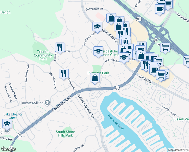 map of restaurants, bars, coffee shops, grocery stores, and more near 1023 Bradbury Court in Thousand Oaks