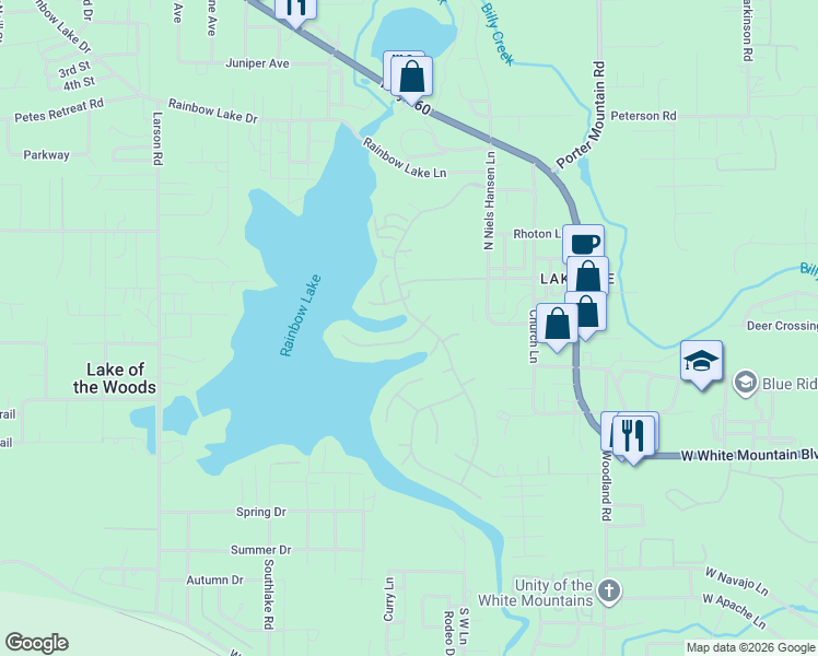 map of restaurants, bars, coffee shops, grocery stores, and more near 2280 Bald Eagle Point in Pinetop-Lakeside