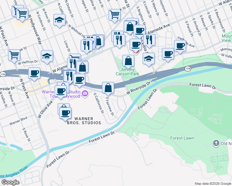map of restaurants, bars, coffee shops, grocery stores, and more near 3003 West Riverside Drive in Burbank