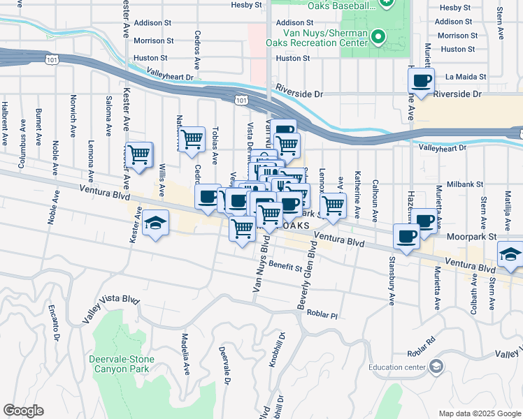 map of restaurants, bars, coffee shops, grocery stores, and more near 4419 Van Nuys Boulevard in Los Angeles