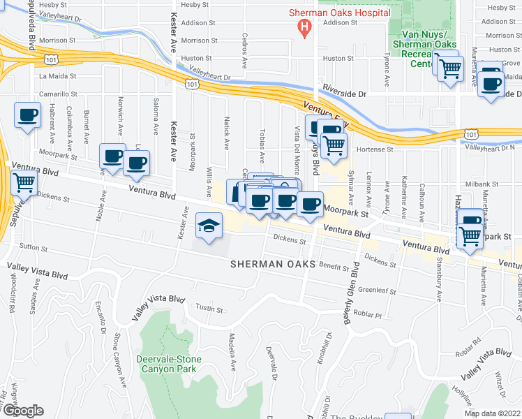 map of restaurants, bars, coffee shops, grocery stores, and more near 14635 Ventura Boulevard in Los Angeles