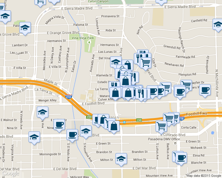 map of restaurants, bars, coffee shops, grocery stores, and more near 3254 La Tierra St in Pasadena