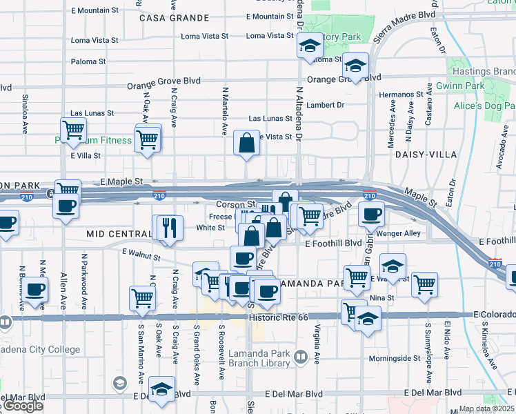 map of restaurants, bars, coffee shops, grocery stores, and more near 2390 Corson Street in Pasadena