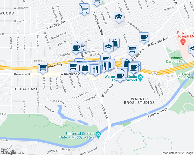 map of restaurants, bars, coffee shops, grocery stores, and more near 10153 1/2 West Riverside Drive in Burbank