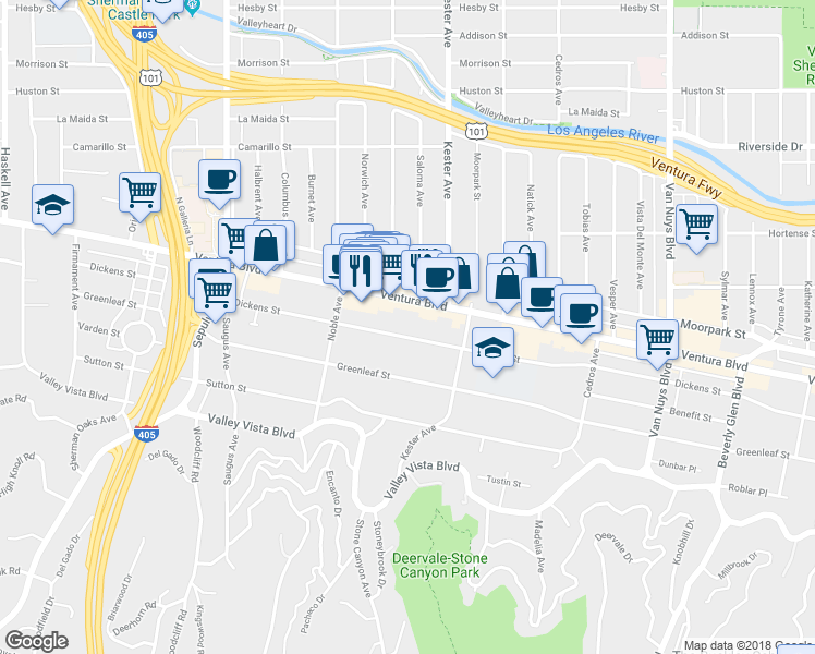map of restaurants, bars, coffee shops, grocery stores, and more near 14947 Dickens Street in Los Angeles