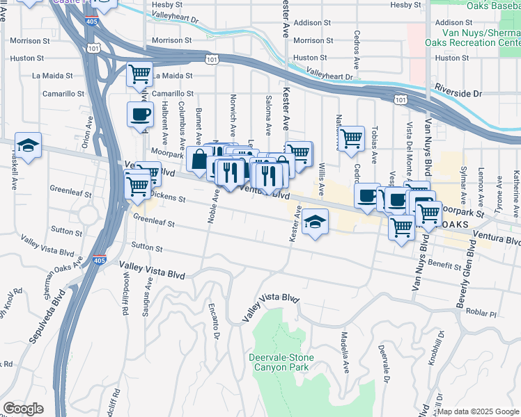 map of restaurants, bars, coffee shops, grocery stores, and more near 14947 Dickens Street in Los Angeles