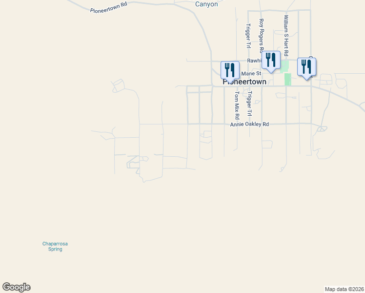 map of restaurants, bars, coffee shops, grocery stores, and more near 5588 Mountain View Lane in Pioneertown