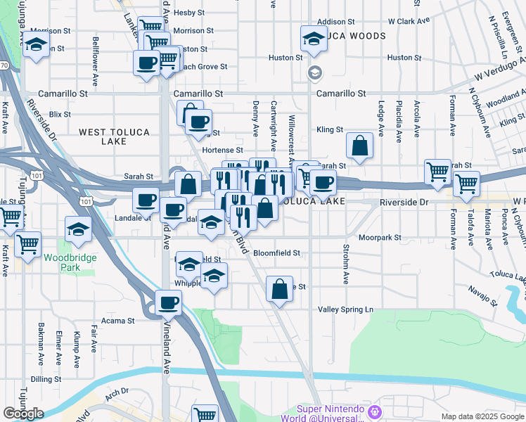 map of restaurants, bars, coffee shops, grocery stores, and more near 10738 Riverside Drive in Los Angeles