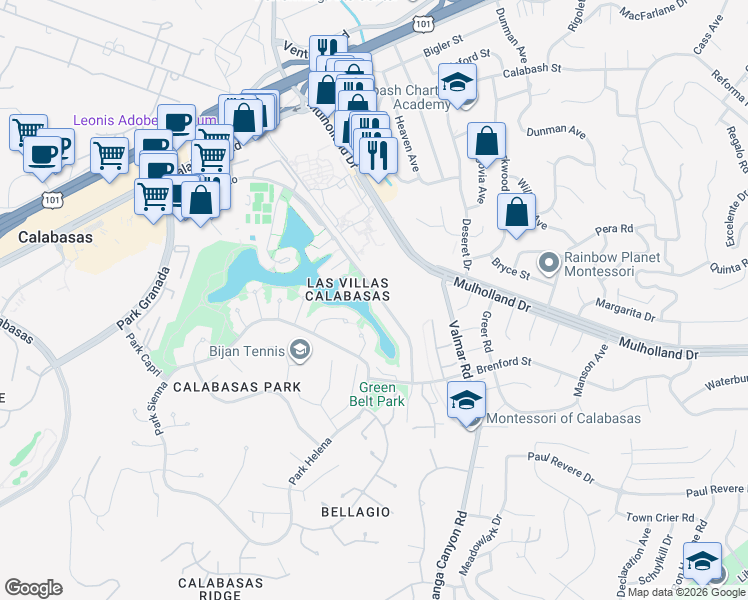 map of restaurants, bars, coffee shops, grocery stores, and more near 23150 Park Sorrento in Calabasas