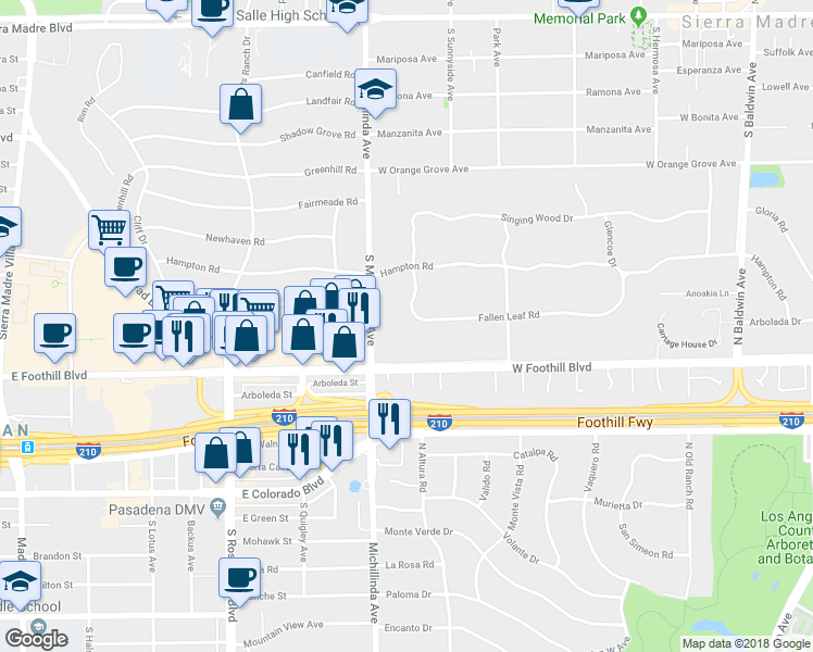 map of restaurants, bars, coffee shops, grocery stores, and more near 1110 Fallen Leaf Road in Arcadia