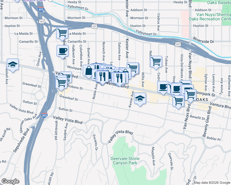 map of restaurants, bars, coffee shops, grocery stores, and more near 14947 Dickens Street in Los Angeles