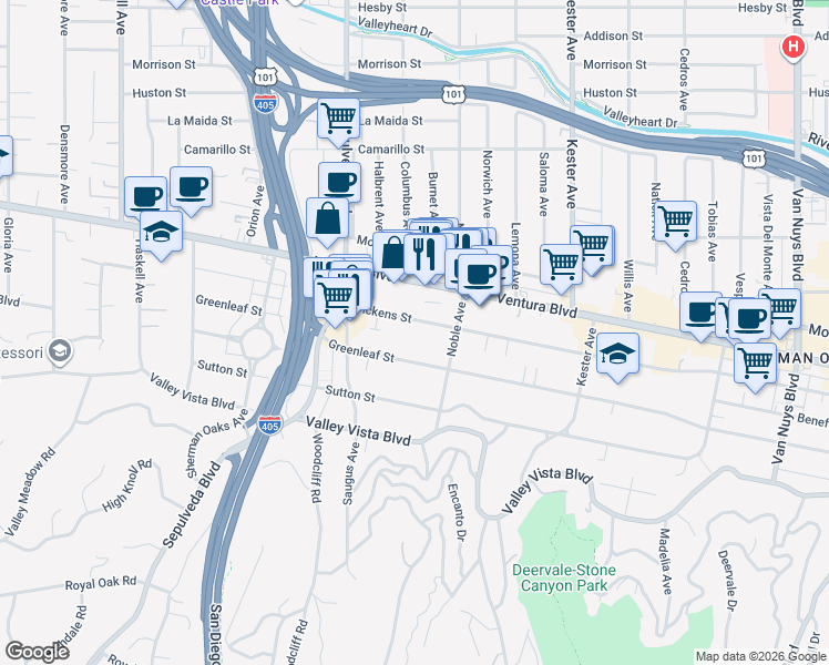 map of restaurants, bars, coffee shops, grocery stores, and more near 15150 Dickens Street in Los Angeles
