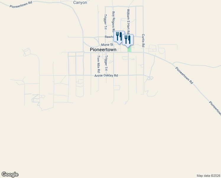 map of restaurants, bars, coffee shops, grocery stores, and more near 5584 Roy Rogers Road in Pioneertown