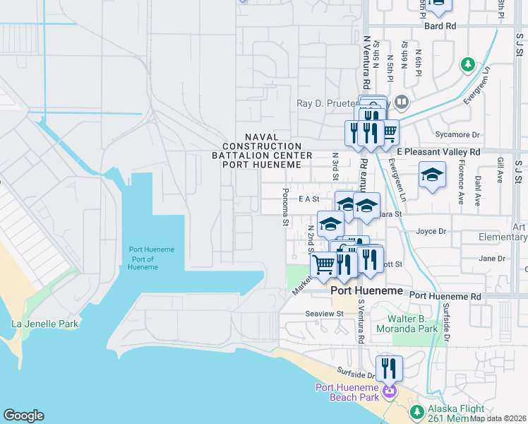 map of restaurants, bars, coffee shops, grocery stores, and more near 5 San Pedro Street in Port Hueneme