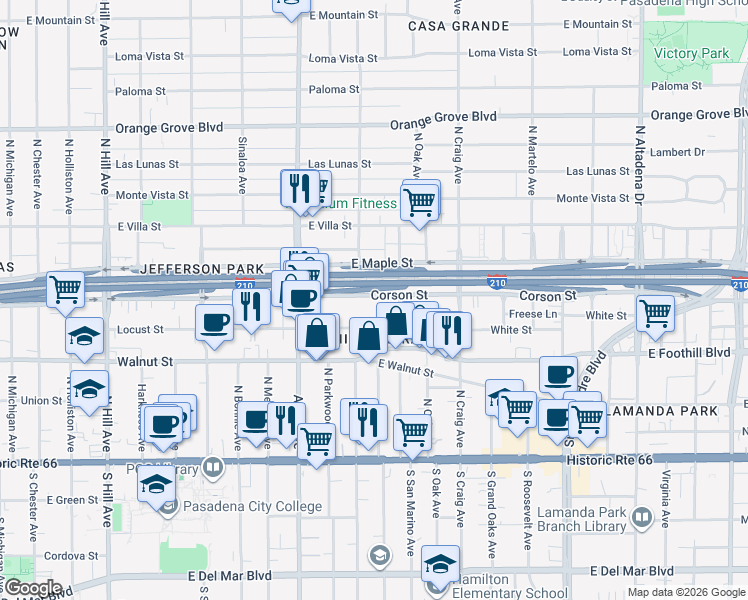 map of restaurants, bars, coffee shops, grocery stores, and more near 1960 Corson Street in Pasadena