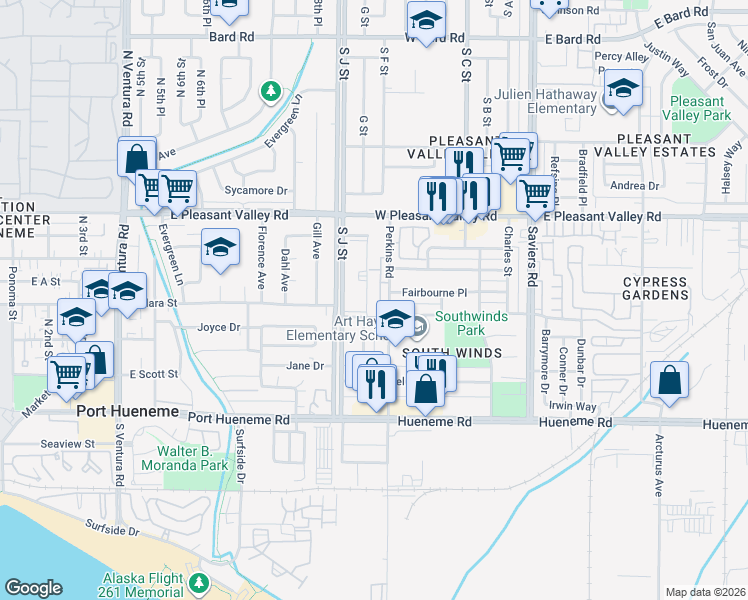 map of restaurants, bars, coffee shops, grocery stores, and more near 5313 Perkins Road in Oxnard