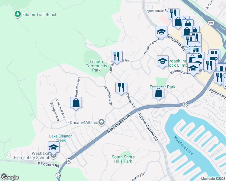 map of restaurants, bars, coffee shops, grocery stores, and more near 1963 Gardenstone Court in Westlake Village