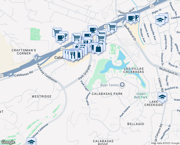 map of restaurants, bars, coffee shops, grocery stores, and more near 4732 Park Granada in Calabasas