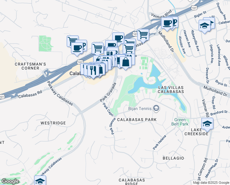 map of restaurants, bars, coffee shops, grocery stores, and more near 4626 Park Granada in Calabasas