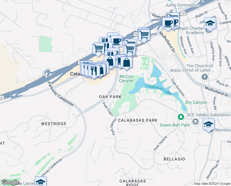map of restaurants, bars, coffee shops, grocery stores, and more near 4500 Park Granada in Calabasas