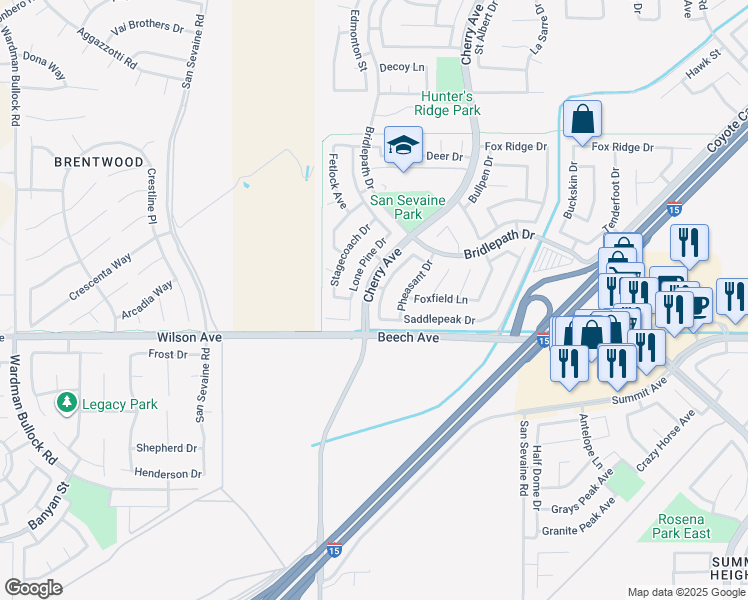 map of restaurants, bars, coffee shops, grocery stores, and more near 5630 Hunt Club Drive in Fontana