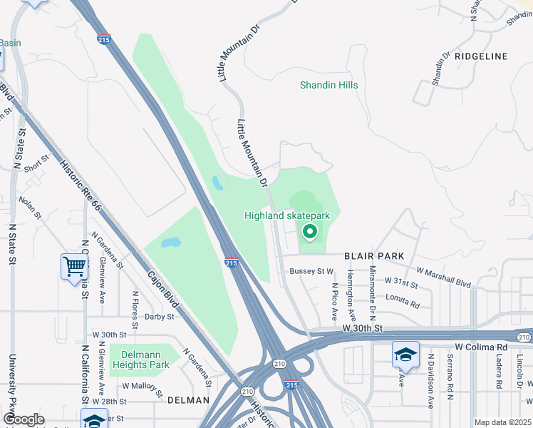 map of restaurants, bars, coffee shops, grocery stores, and more near 3294 Little Mountain Drive in San Bernardino