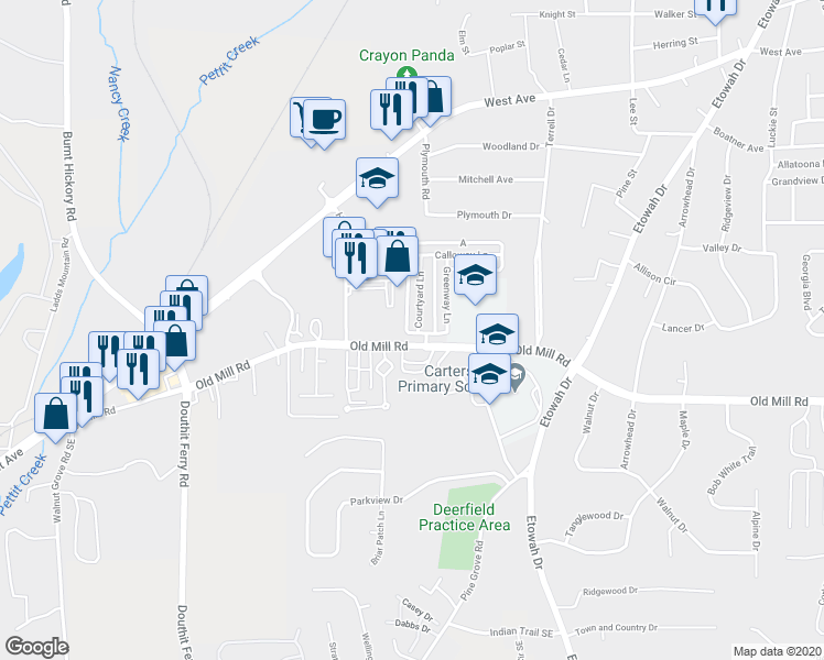 map of restaurants, bars, coffee shops, grocery stores, and more near 4 Courtyard Lane in Cartersville