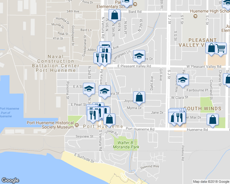 map of restaurants, bars, coffee shops, grocery stores, and more near 411 Evergreen Lane in Port Hueneme
