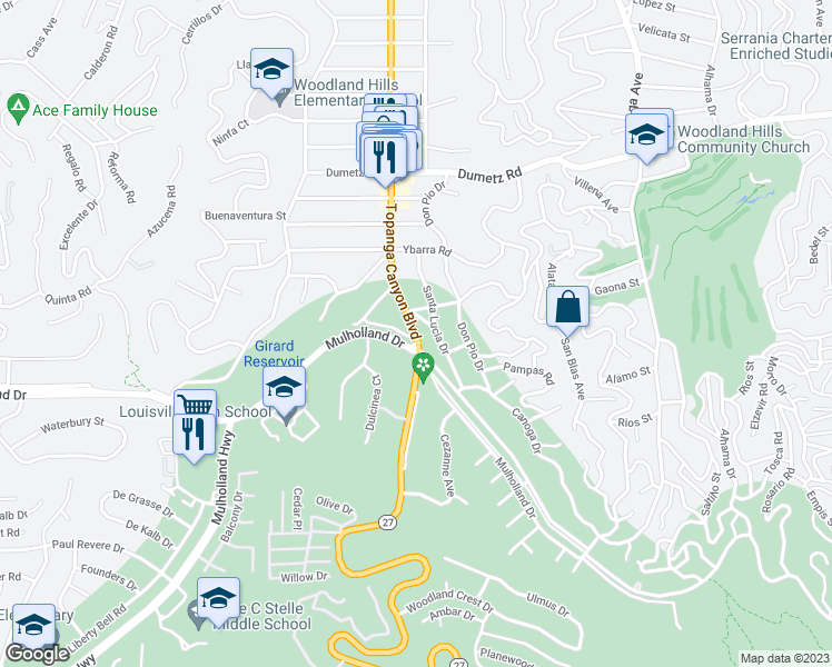 map of restaurants, bars, coffee shops, grocery stores, and more near Topanga Canyon Blvd & Mulholland Way in Los Angeles