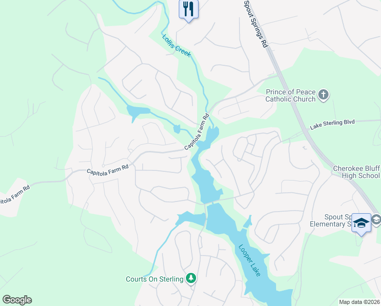 map of restaurants, bars, coffee shops, grocery stores, and more near 7504 Breezy Lake Lane in Flowery Branch