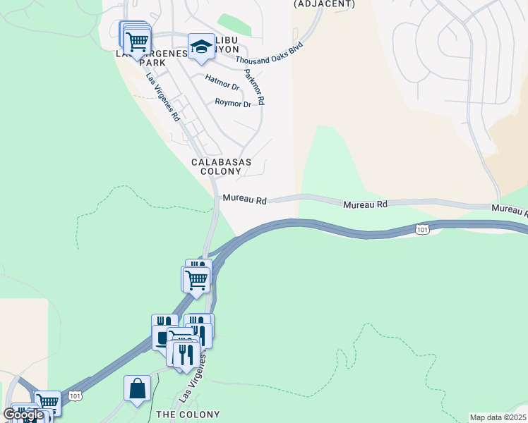 map of restaurants, bars, coffee shops, grocery stores, and more near 26010 Mureau Road in Calabasas