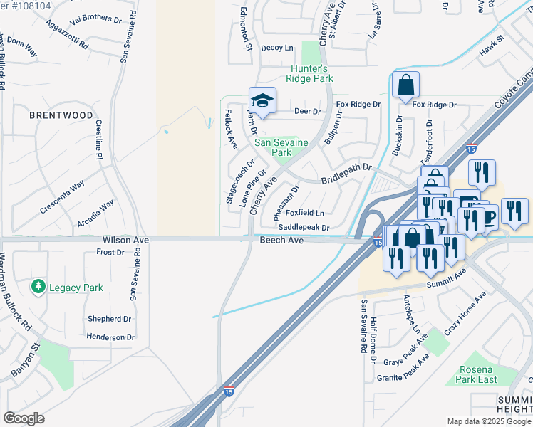 map of restaurants, bars, coffee shops, grocery stores, and more near 5627 Hunt Club Drive in Fontana