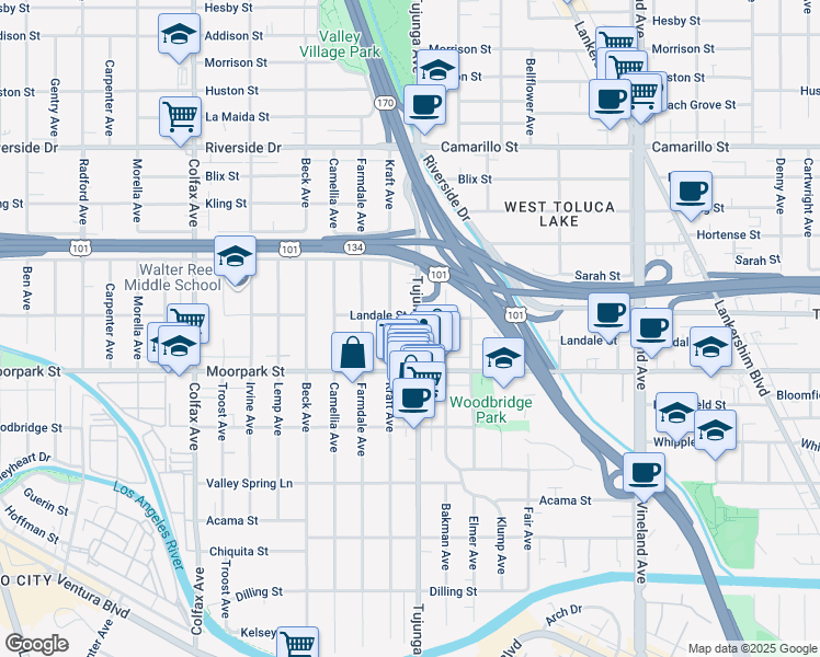 map of restaurants, bars, coffee shops, grocery stores, and more near 4458 Kraft Avenue in Los Angeles