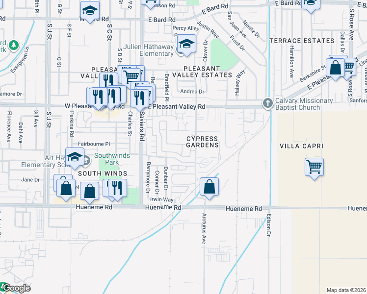 map of restaurants, bars, coffee shops, grocery stores, and more near 500 Dylan Drive in Oxnard