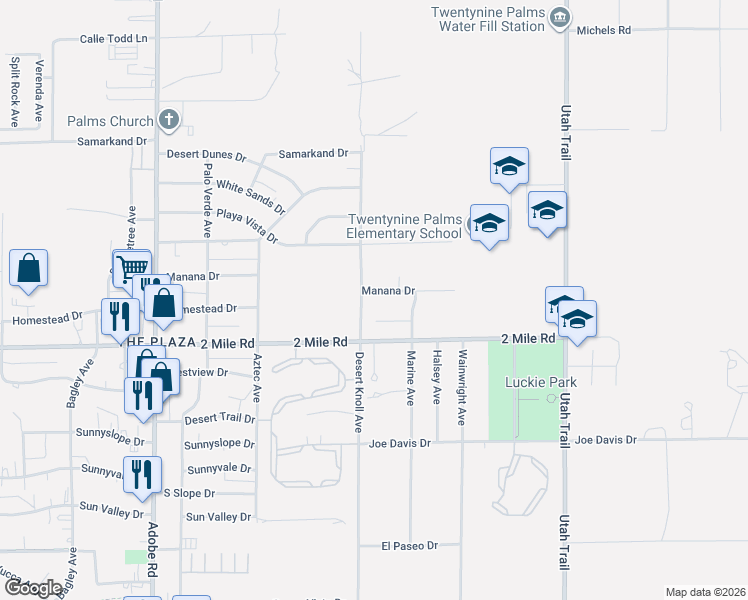 map of restaurants, bars, coffee shops, grocery stores, and more near 74109 Manana Drive in Twentynine Palms