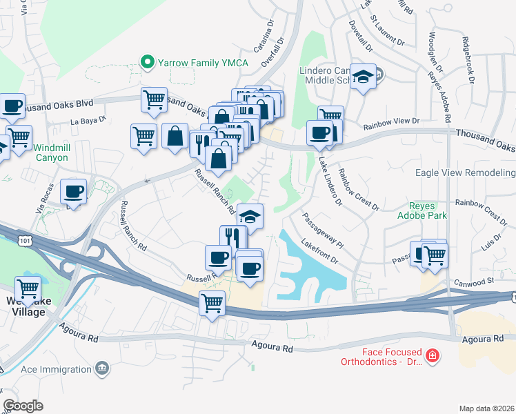 map of restaurants, bars, coffee shops, grocery stores, and more near 5470 Seine Court in Westlake Village