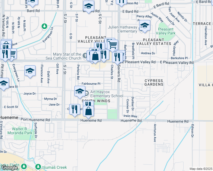 map of restaurants, bars, coffee shops, grocery stores, and more near 230 Chester Way in Oxnard
