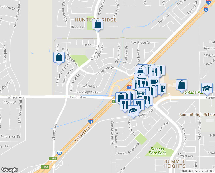 map of restaurants, bars, coffee shops, grocery stores, and more near 5621 Grand Prix Court in Fontana