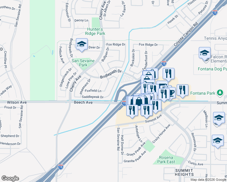 map of restaurants, bars, coffee shops, grocery stores, and more near 5621 Grand Prix Court in Fontana