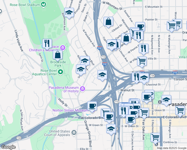 map of restaurants, bars, coffee shops, grocery stores, and more near 420 Rosemont Avenue in Pasadena