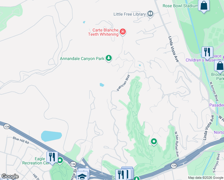 map of restaurants, bars, coffee shops, grocery stores, and more near 363 Patrician Way in Pasadena
