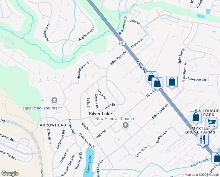 map of restaurants, bars, coffee shops, grocery stores, and more near 4707 Silva Terra Drive in Wilmington